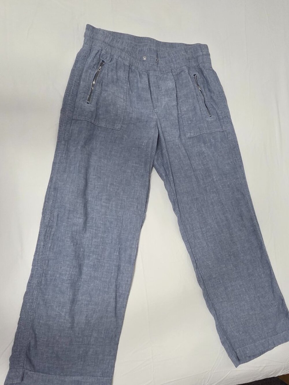 ATHLETA Cabo Linen Wide Leg Pants Chambray Blue Women’s Size 14 Zippered Pockets